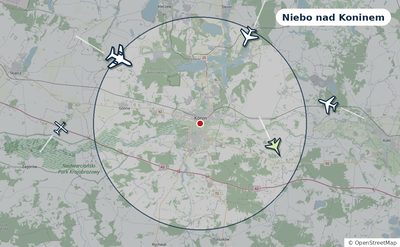 Mapa okolic miasta z sylwetkami samolotów — Niebo nad Koninem na żywo