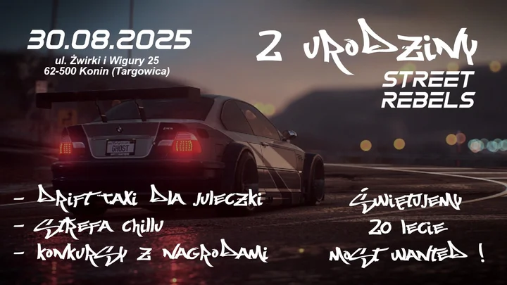 Obrazek przedstawia grafikę promocyjną wydarzenia Impreza motoryzacyjna i charytatywna w Koninie — 30 sierpnia 2025