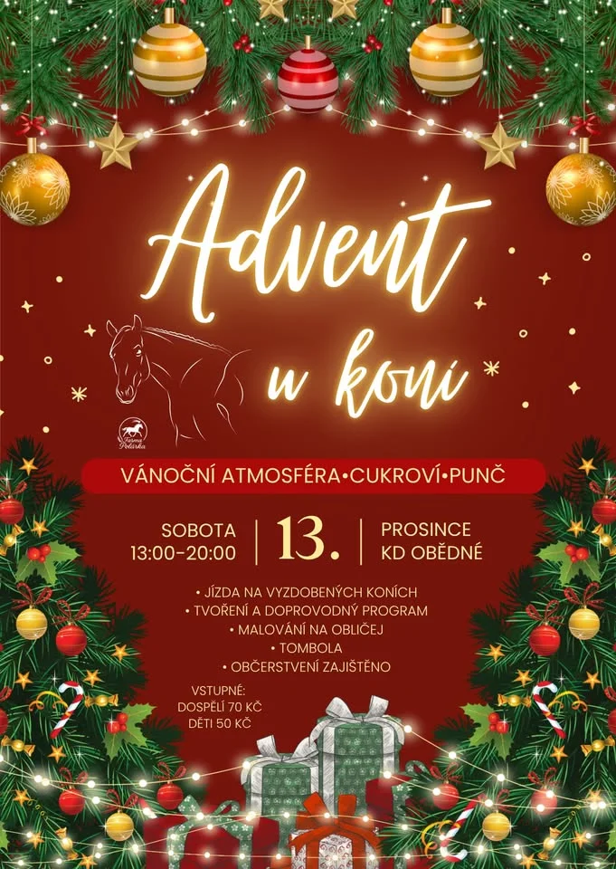 Grafika promocyjna wydarzenia Advent u koní — rodzinne popołudnie z końmi, światełkami i warsztatami
