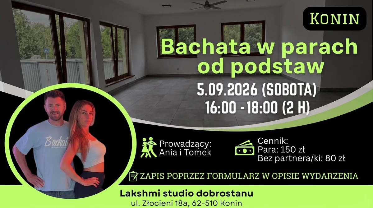 Grafika promocyjna wydarzenia Bachata w parach od podstaw w Koninie – warsztaty