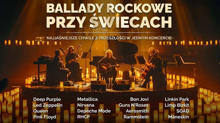 Obrazek przedstawia grafikę promocyjną wydarzenia Koncert ballad rockowych przy świecach w Auli PWSZ w Koninie
