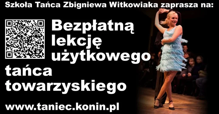 Obrazek przedstawia grafikę promocyjną wydarzenia Bezpłatna lekcja użytkowego tańca towarzyskiego w Koninie
