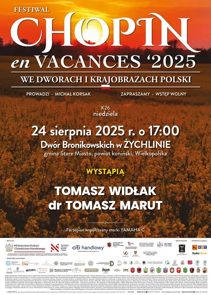 Obrazek przedstawia grafikę promocyjną wydarzenia Recitale fortepianowe w Żychlinie w ramach cyklu Chopin en Vacances
