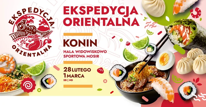 Grafika promocyjna wydarzenia Ekspedycja Orientalna w Koninie — smak Azji w Hali MOSiR