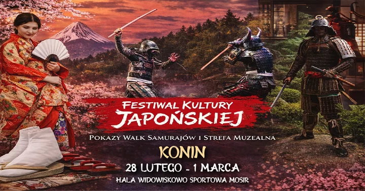 Grafika promocyjna wydarzenia Festiwal Kultury Japońskiej w Koninie — weekend z Krajem Kwitnącej Wiśni