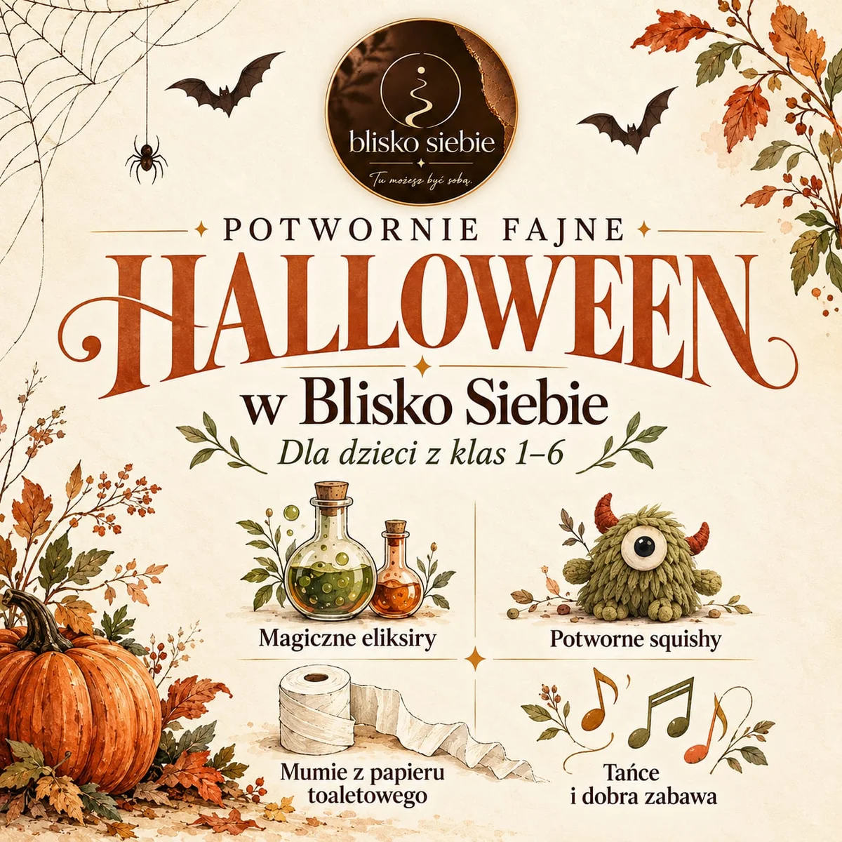 Grafika promocyjna wydarzenia Halloween w Blisko Siebie: potworna zabawa