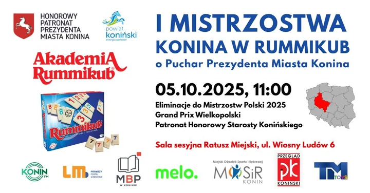Obrazek przedstawia grafikę promocyjną wydarzenia Mistrzostwa Konina w Rummikub — turniej kwalifikacyjny do Mistrzostw Polski 2025