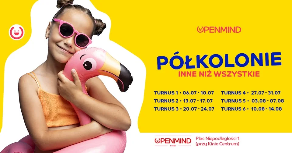 Grafika promocyjna wydarzenia Językowe półkolonie w Open Mind w Koninie – wakacje z angielskim, ruchem i wycieczkami