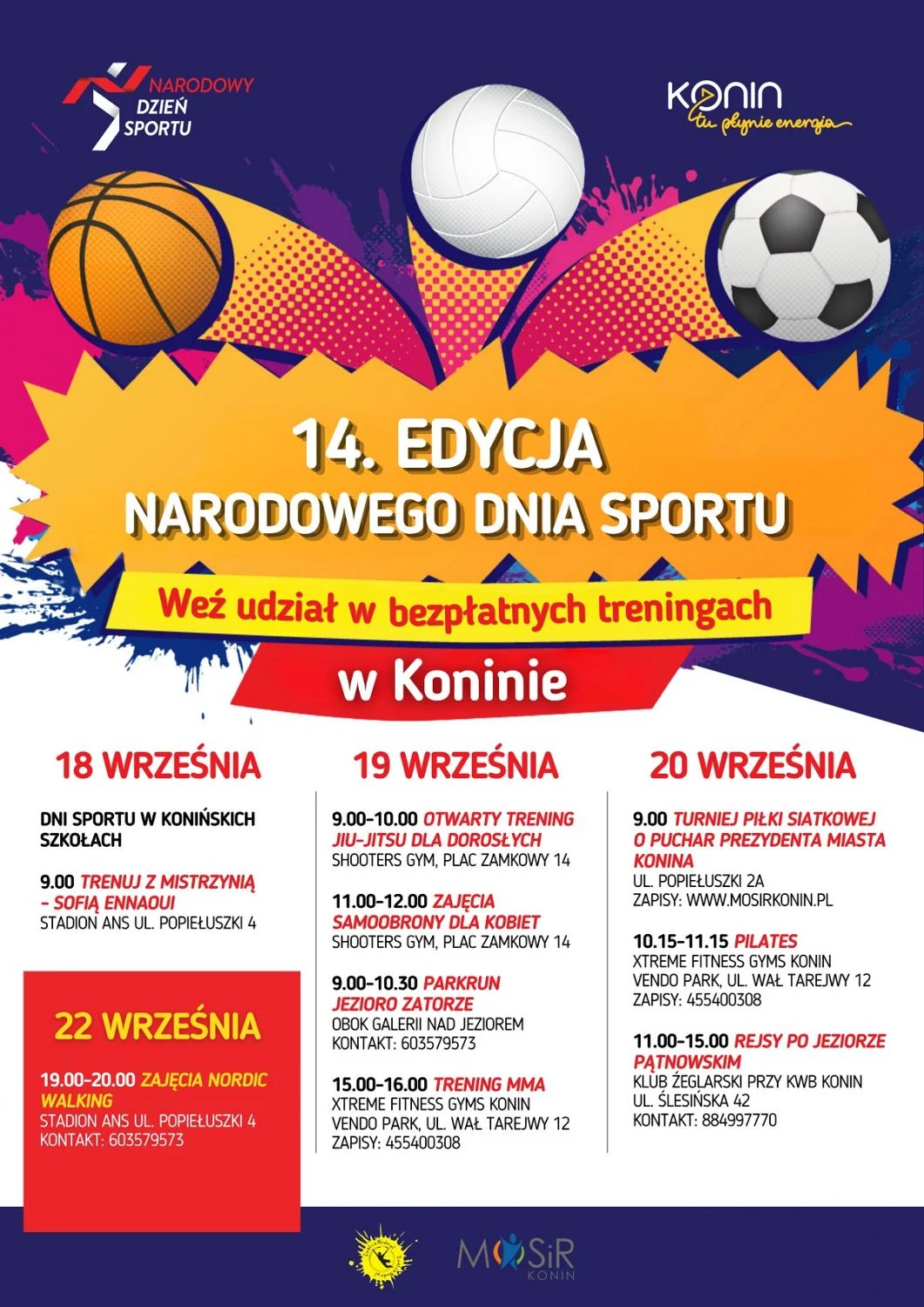 Grafika promocyjna wydarzenia Konin na sportowo – bezpłatne treningi z okazji Narodowego Dnia Sportu