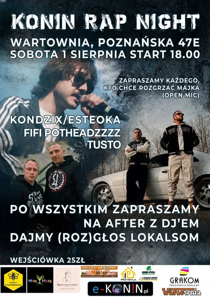Grafika promocyjna wydarzenia Konin Rap Night: rap na żywo