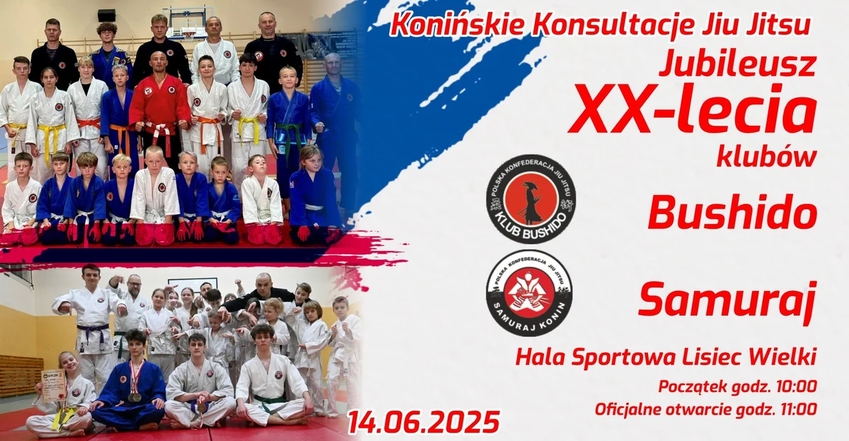 Grafika promocyjna wydarzenia Konińskie spotkanie Jiu Jitsu i jubileusz klubów Bushido oraz Samuraj Konin