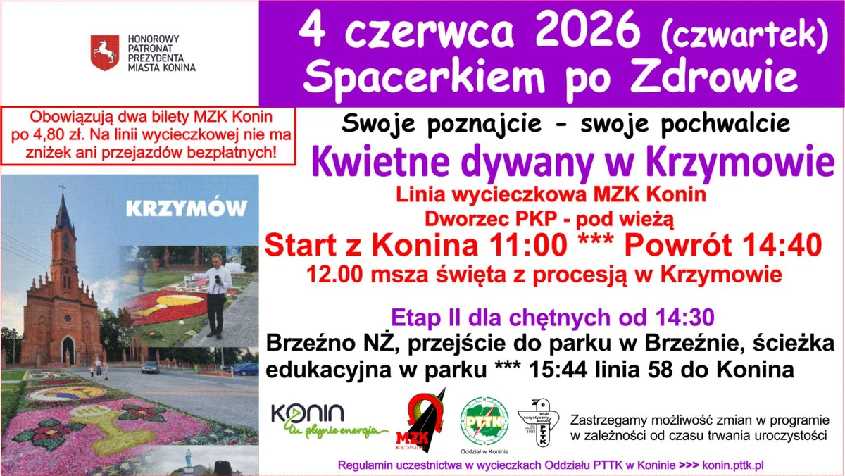 Grafika promocyjna wydarzenia Kwietne dywany w Krzymowie 2026 – Boże Ciało z piękną tradycją i wycieczką z Konina