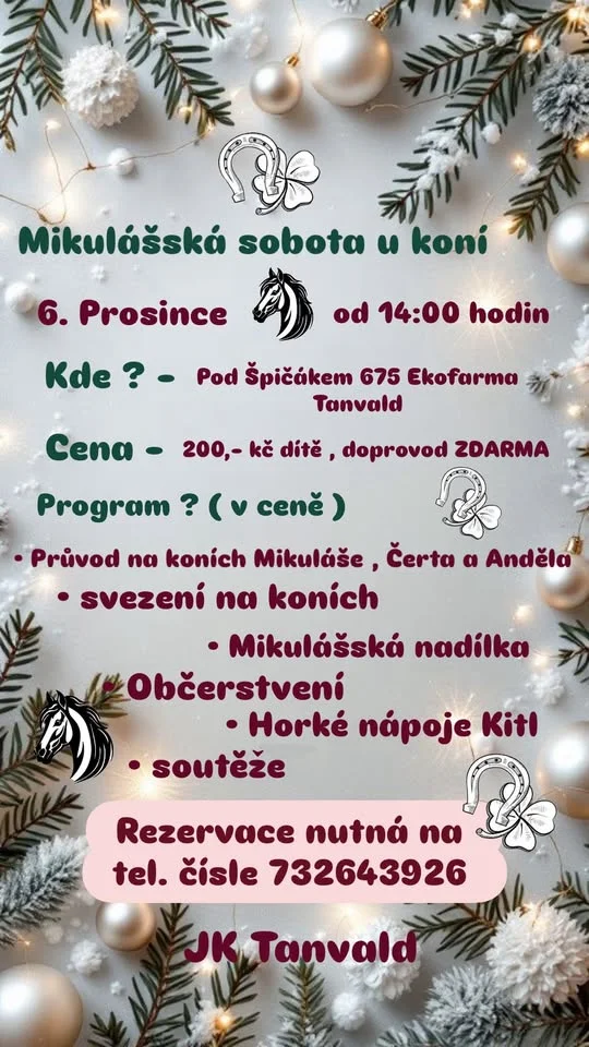 Grafika promocyjna wydarzenia Mikulášská sobota u koní — Mikołaj na końskim grzbiecie w Ekofarmie Tanvald
