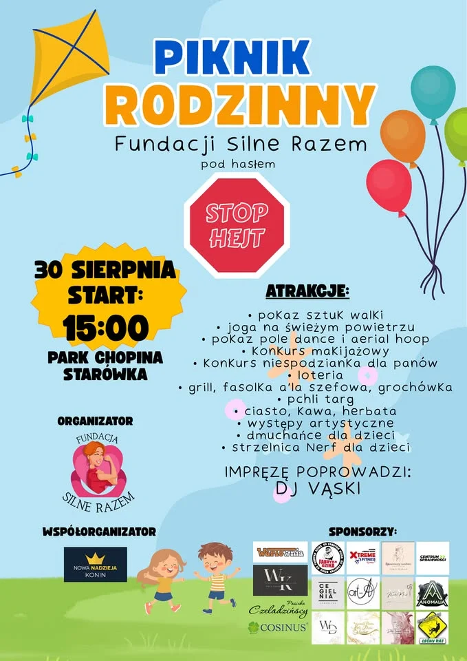 Obrazek przedstawia grafikę promocyjną wydarzenia Piknik rodzinny w Parku Chopina w Koninie
