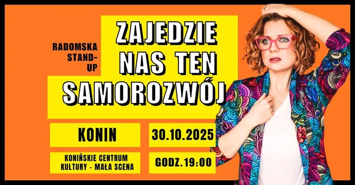 Obrazek przedstawia grafikę promocyjną wydarzenia Stand-up Aleksandry Radomskiej w Koninie — program o życiu po trzydziestce
