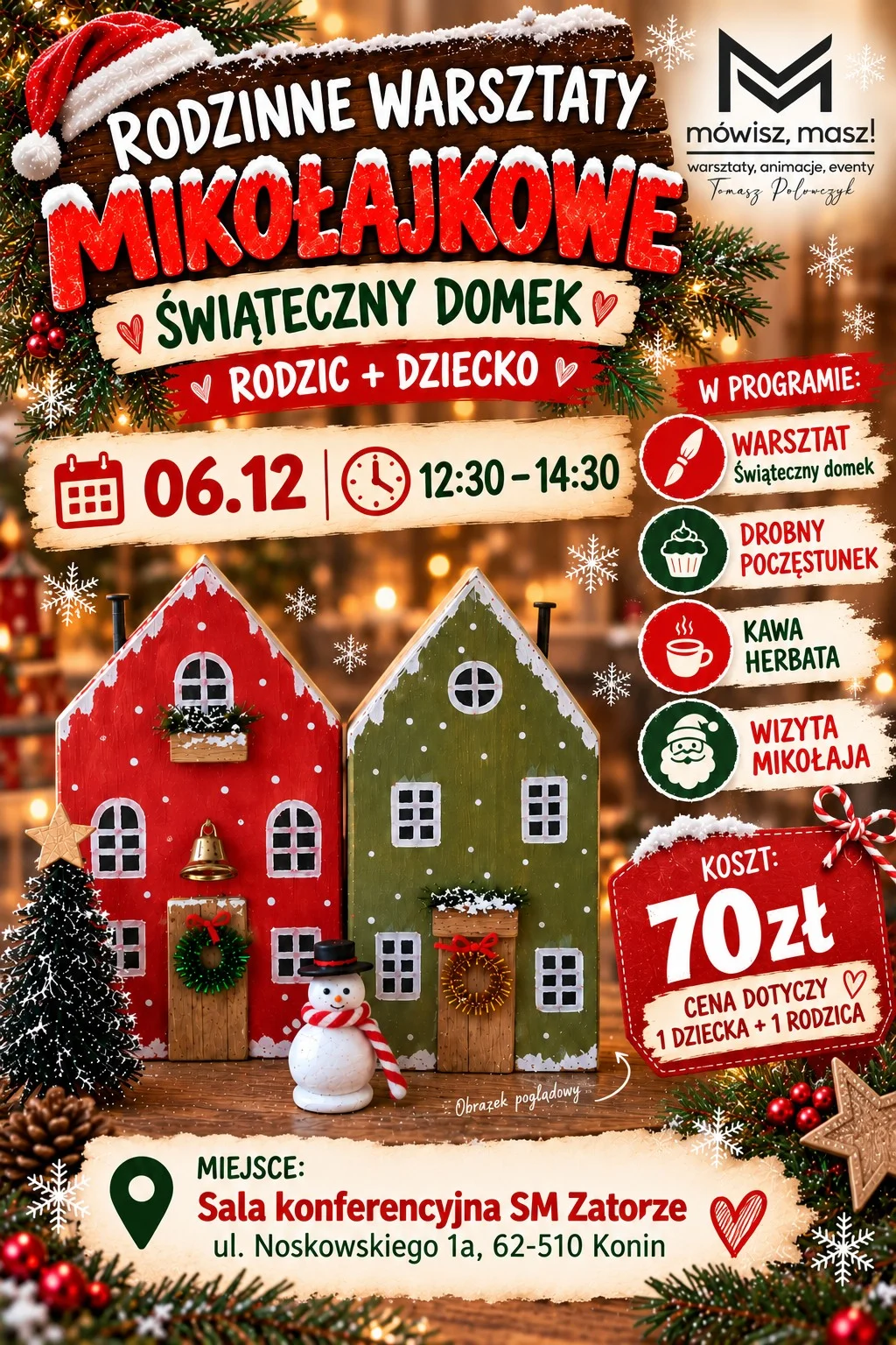 Grafika promocyjna wydarzenia Rodzinne warsztaty Mikołajkowe: świąteczne domki