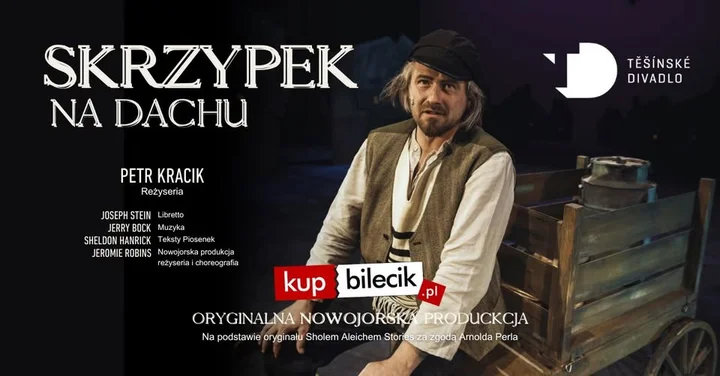Obrazek przedstawia grafikę promocyjną wydarzenia Musical „Skrzypek na dachu” w Konińskim Centrum Kultury