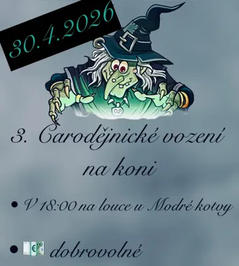 Grafika promocyjna wydarzenia 3. Čarodejnické vození na koni w Mrákotínie – rodzinne przejazdy na koniu 30 kwietnia