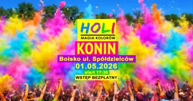 Grafika promocyjna wydarzenia Holi Magia Kolorów w Koninie – darmowa, kolorowa impreza na boisku przy ul. Spółdzielców