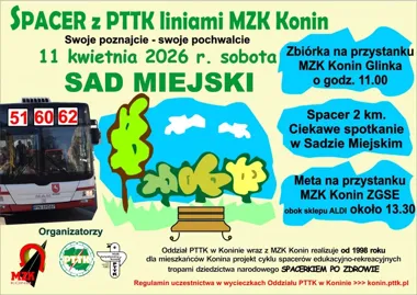 Grafika promocyjna wydarzenia Spacer PTTK z liniami MZK Konin: nad Wartę, przez Sad Miejski i miejskie ścieżki
