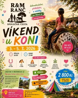 Grafika promocyjna wydarzenia Víkend u koní w Újezdzie (Štětí) – trzy dni z końmi, naturą i przygodą dla dzieci