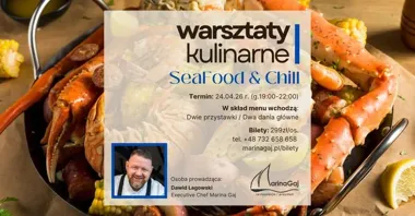 Grafika promocyjna wydarzenia SeaFood&Chill — warsztaty kulinarne z owocami morza w Marina Gaj