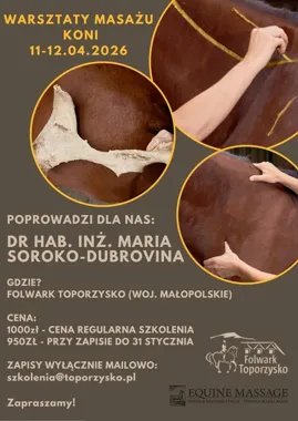 Grafika promocyjna wydarzenia Weekendowe warsztaty masażu koni w Folwarku Toporzysko
