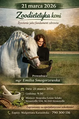 Grafika promocyjna wydarzenia Zoodietetyka koni – żywienie jako fundament zdrowia: praktyczne szkolenie dla właścicieli koni