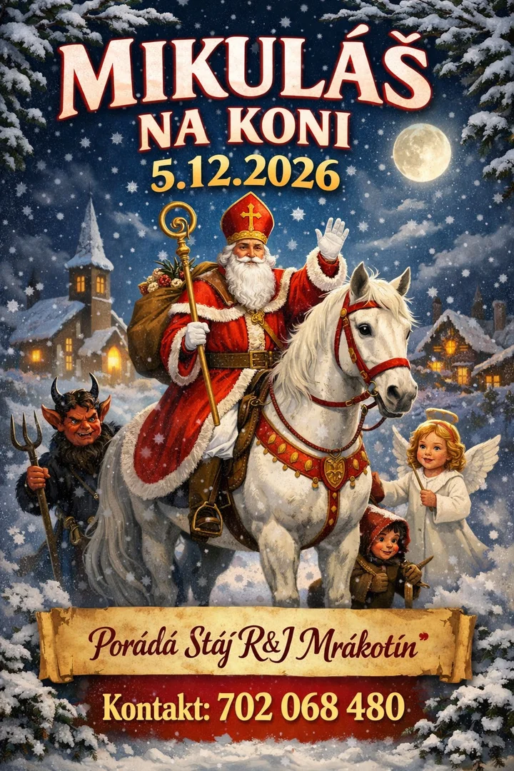 Grafika promocyjna wydarzenia V. Mikuláš na koni — przejażdżki dla dzieci za wierszyk lub piosenkę