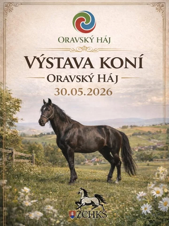 Grafika promocyjna wydarzenia VÝSTAVA KONÍ ORAVSKÝ HÁJ 2026 – wystawa koni w Brezovicy już 30 maja