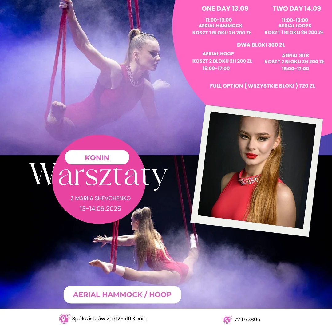 Grafika promocyjna wydarzenia Warsztaty akrobatyki powietrznej z Marią Shevchenko w Koninie