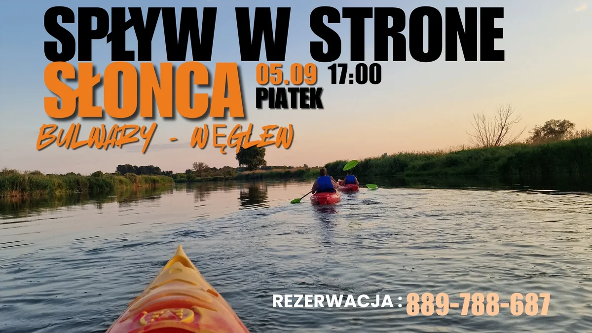 Grafika promocyjna wydarzenia Wieczorny spływ kajakowy po Warcie
