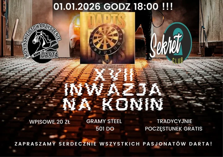 Grafika promocyjna wydarzenia XVII INWAZJA na KONIN — noworoczny turniej darta w Pubie Sekret