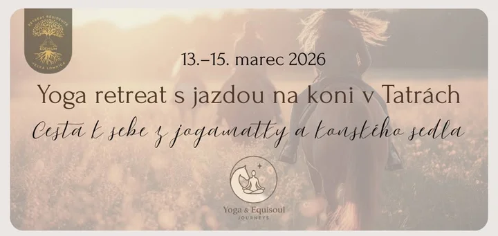 Grafika promocyjna wydarzenia Yoga retreat s jazdou na koni v Tatrách — joga i jazda konna pod Tatrami