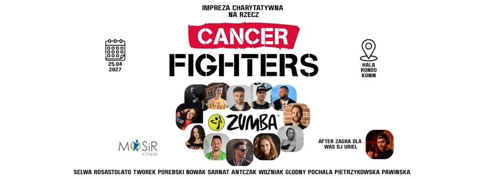 Grafika promocyjna wydarzenia ZUMBA dla Cancer Fighters w Hali Rondo Konin – taneczna akcja pełna energii